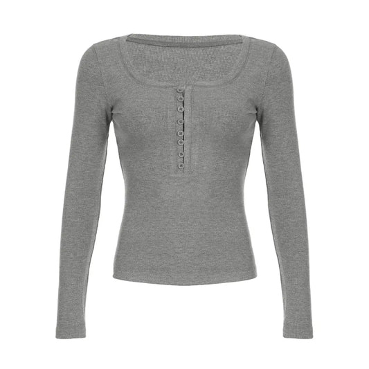 Top Gris Boutonné à Manches Longues THSPR