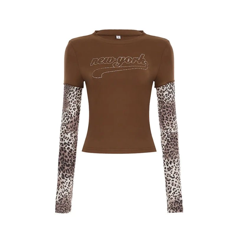 T-shirt Marron  Manches Léopard THSPR