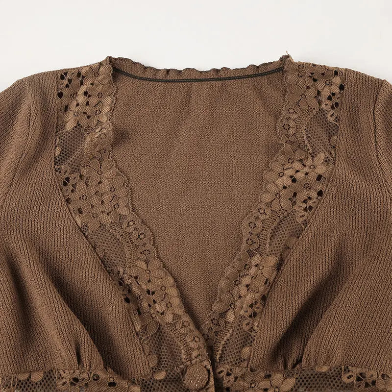 Cardigan Marron Bohème avec Dentelle THSPR