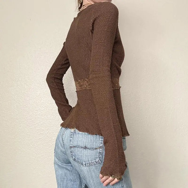 Cardigan Marron Bohème avec Dentelle THSPR